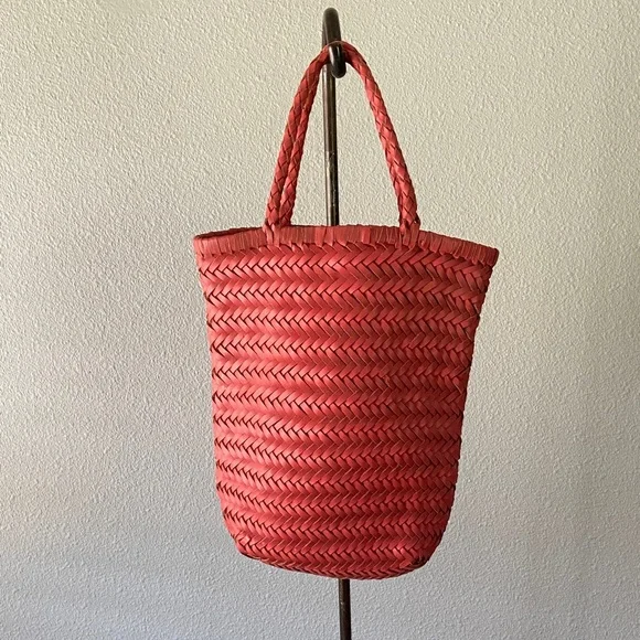 Anthropologie Woven Leather Market Bag Coral Pink Basket Tote Boho - Picture 1 of 10